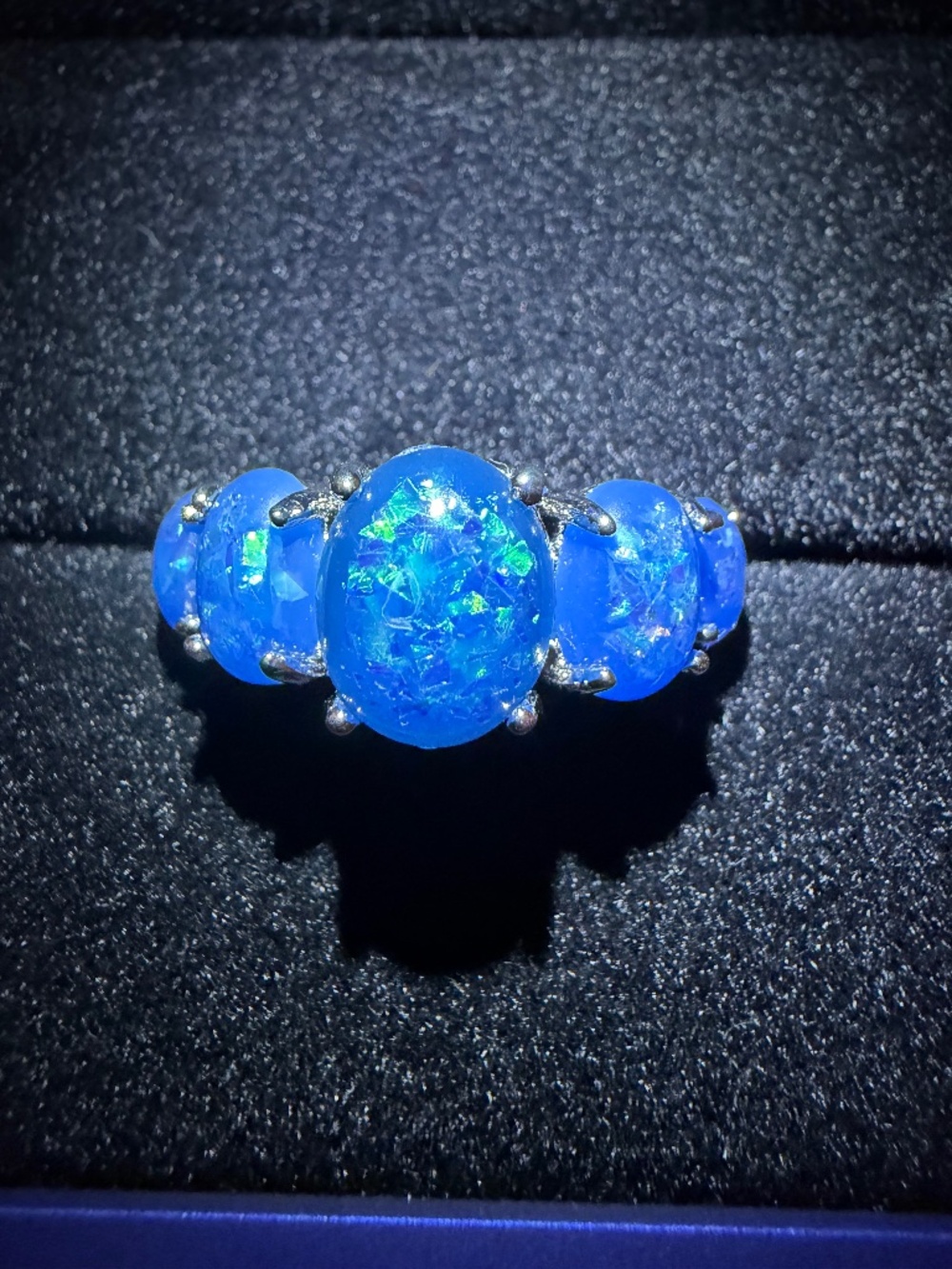 Blue-green Fire Opal Band Ring: 14kt White Gold/Silver